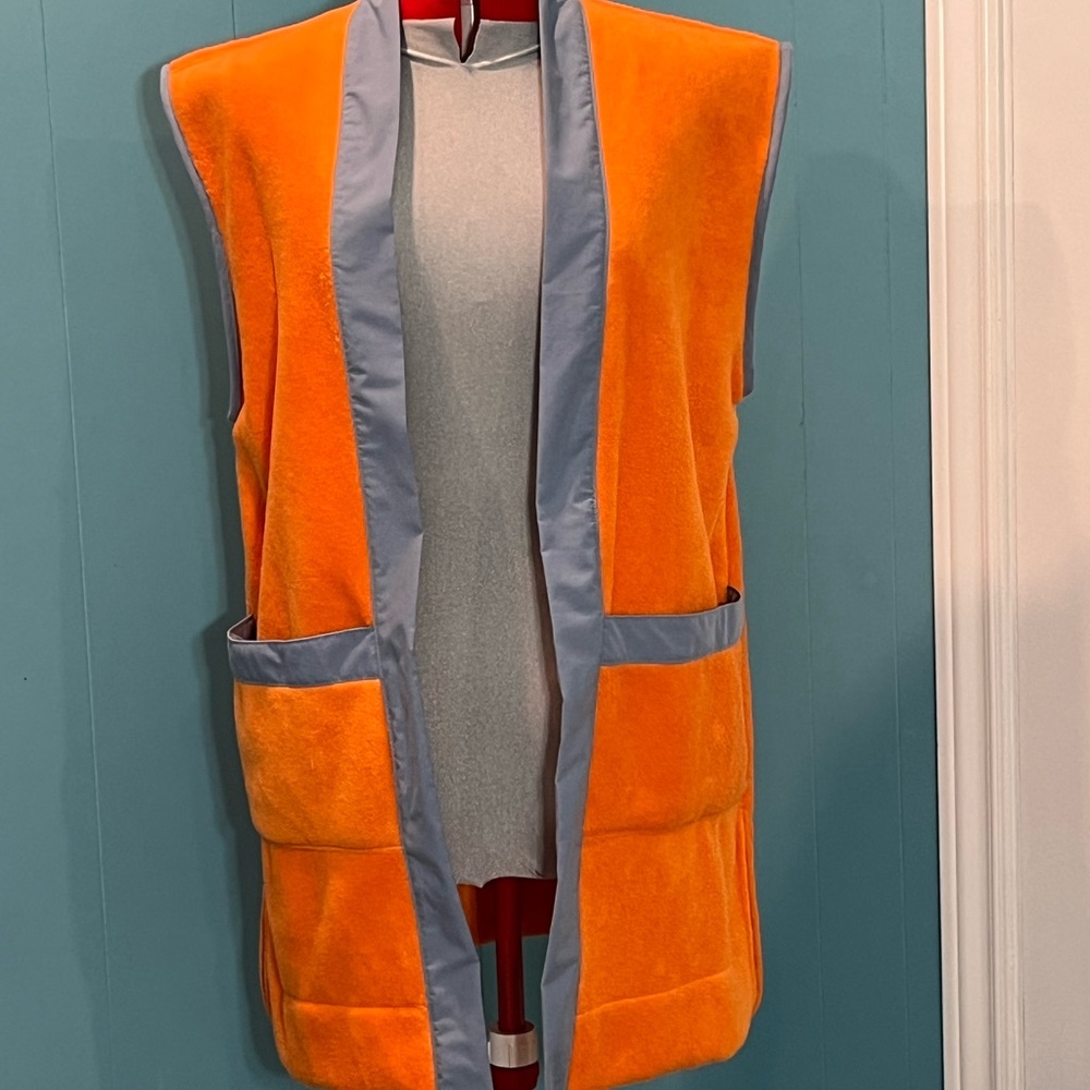 Upcycled - Vibrant Cozy Orange Vest with Blue Trim